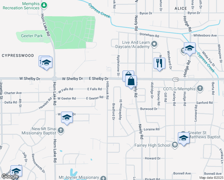 map of restaurants, bars, coffee shops, grocery stores, and more near 4743 Bradford Drive in Memphis