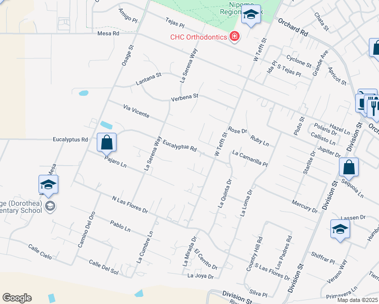 map of restaurants, bars, coffee shops, grocery stores, and more near 181 Eucalyptus Road in Nipomo