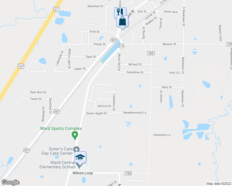 map of restaurants, bars, coffee shops, grocery stores, and more near 33 Castleton Drive in Ward