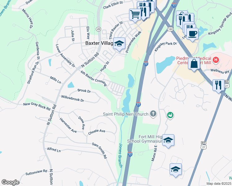 map of restaurants, bars, coffee shops, grocery stores, and more near 651 6th Baxter Crossing in Fort Mill