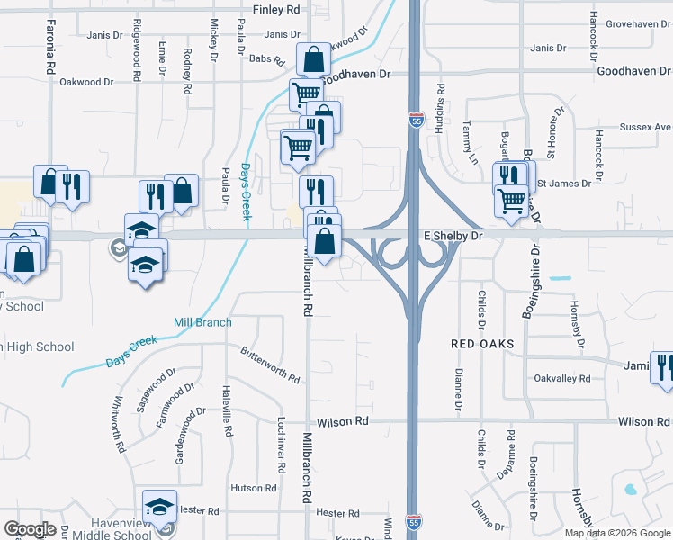 map of restaurants, bars, coffee shops, grocery stores, and more near 1707 Bender Road in Memphis