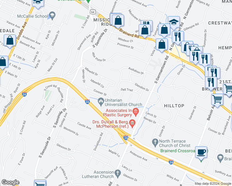 map of restaurants, bars, coffee shops, grocery stores, and more near 304 Wygoda Circle in Chattanooga