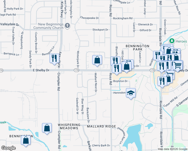 map of restaurants, bars, coffee shops, grocery stores, and more near 4734 Barkshire Drive in Memphis