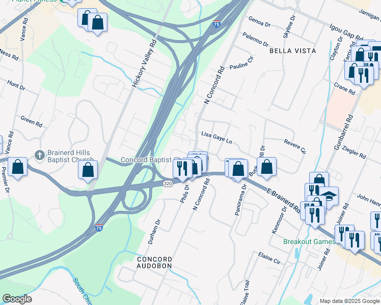 map of restaurants, bars, coffee shops, grocery stores, and more near 1433 Lolita Lane in Chattanooga