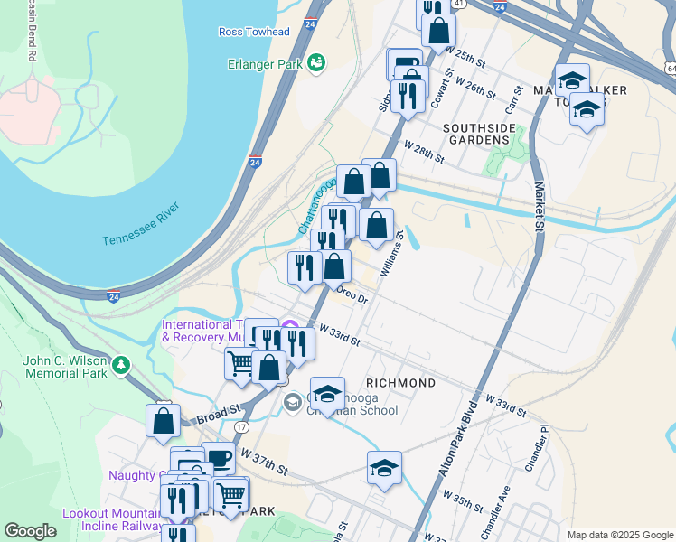 map of restaurants, bars, coffee shops, grocery stores, and more near 3146 Broad Street in Chattanooga