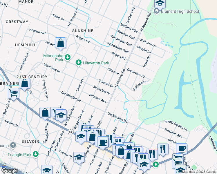 map of restaurants, bars, coffee shops, grocery stores, and more near 4721 Montview Drive in Chattanooga