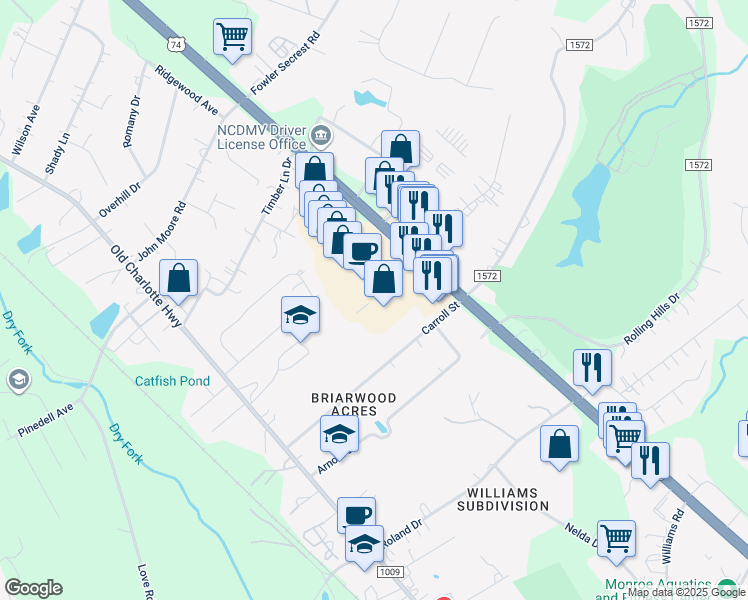 map of restaurants, bars, coffee shops, grocery stores, and more near 2893 West Highway 74 in Monroe