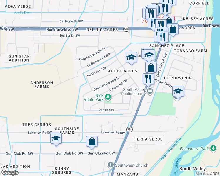 map of restaurants, bars, coffee shops, grocery stores, and more near 4004 Donald Road Southwest in Albuquerque