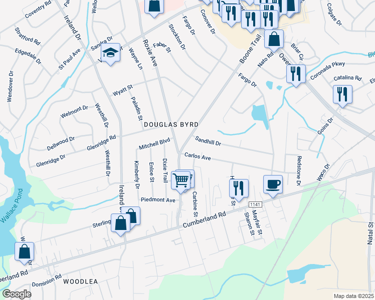 map of restaurants, bars, coffee shops, grocery stores, and more near 4014 Carlos Avenue in Fayetteville