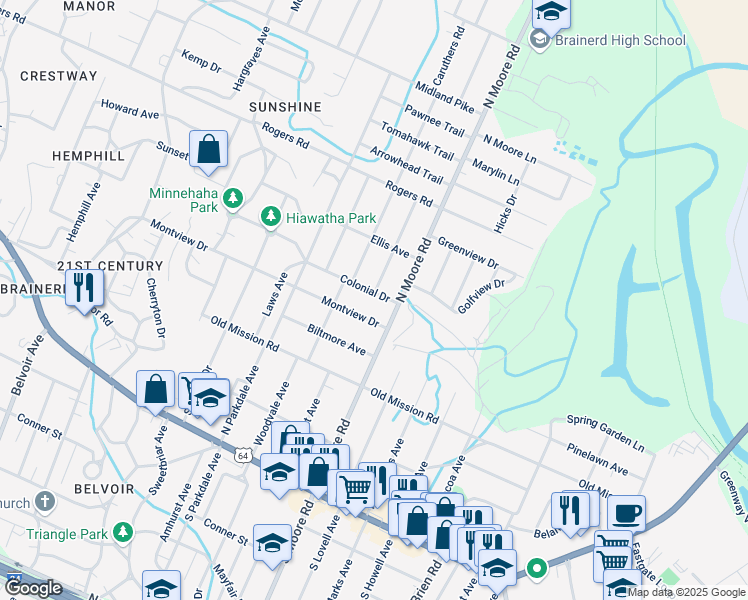 map of restaurants, bars, coffee shops, grocery stores, and more near 4721 Montview Drive in Chattanooga