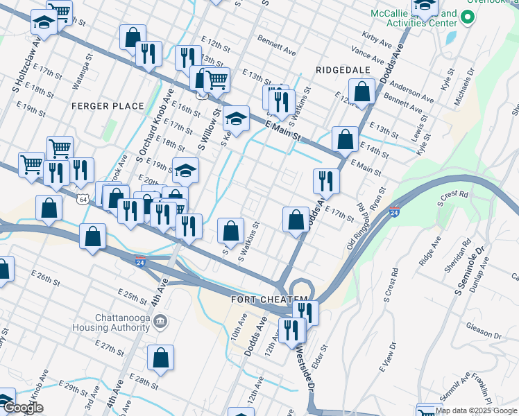 map of restaurants, bars, coffee shops, grocery stores, and more near 1901 South Watkins Street in Chattanooga