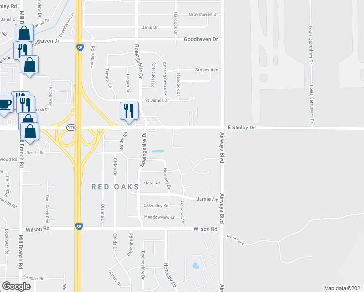 map of restaurants, bars, coffee shops, grocery stores, and more near 4747 Hancock Drive in Memphis