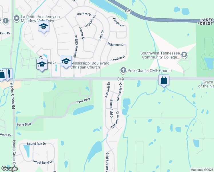 map of restaurants, bars, coffee shops, grocery stores, and more near 4715 Ashcroft Drive in Memphis
