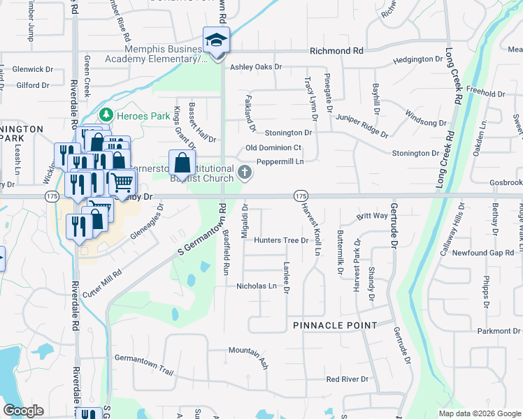 map of restaurants, bars, coffee shops, grocery stores, and more near 4252 Greybriar Drive in Memphis