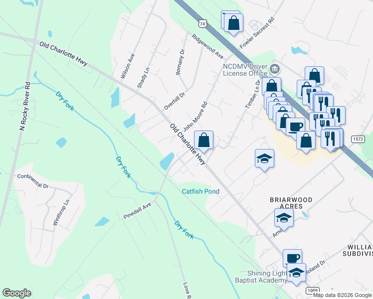 map of restaurants, bars, coffee shops, grocery stores, and more near 3020 Old Charlotte Highway in Monroe
