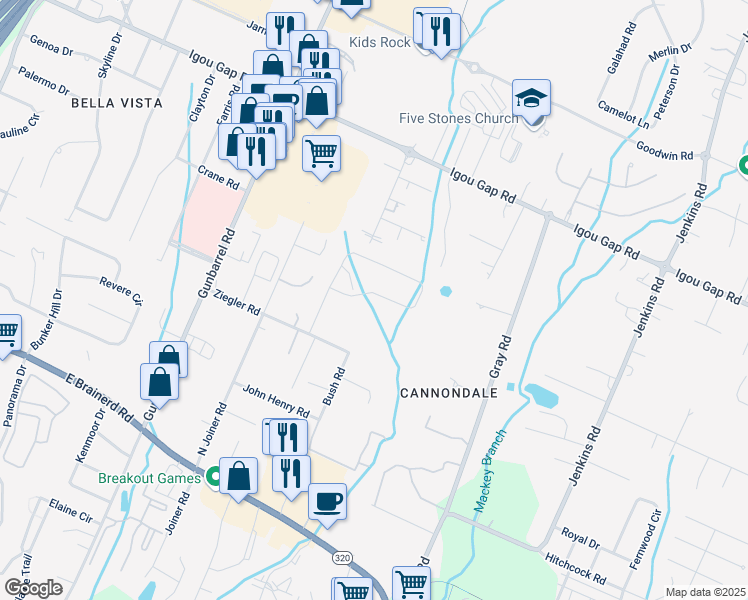 map of restaurants, bars, coffee shops, grocery stores, and more near 1870 Cannondale Loop in Chattanooga