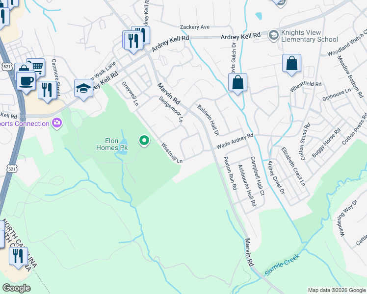 map of restaurants, bars, coffee shops, grocery stores, and more near 9822 Forest Run Lane in Charlotte