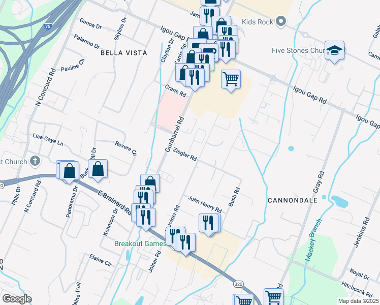 map of restaurants, bars, coffee shops, grocery stores, and more near 7407 Ziegler Road in Chattanooga