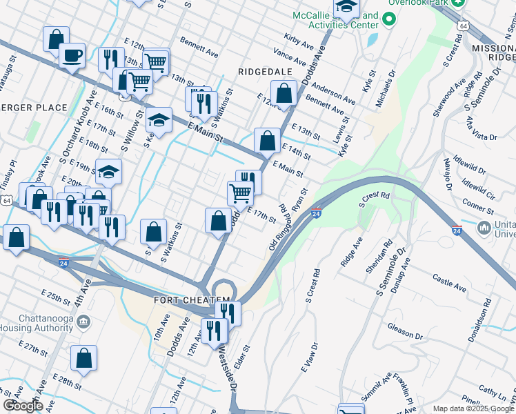map of restaurants, bars, coffee shops, grocery stores, and more near 1600 U.S. 41 in Chattanooga