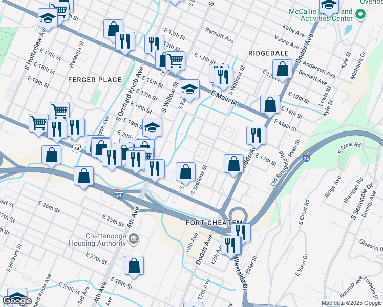 map of restaurants, bars, coffee shops, grocery stores, and more near 2223 East 19th Street in Chattanooga
