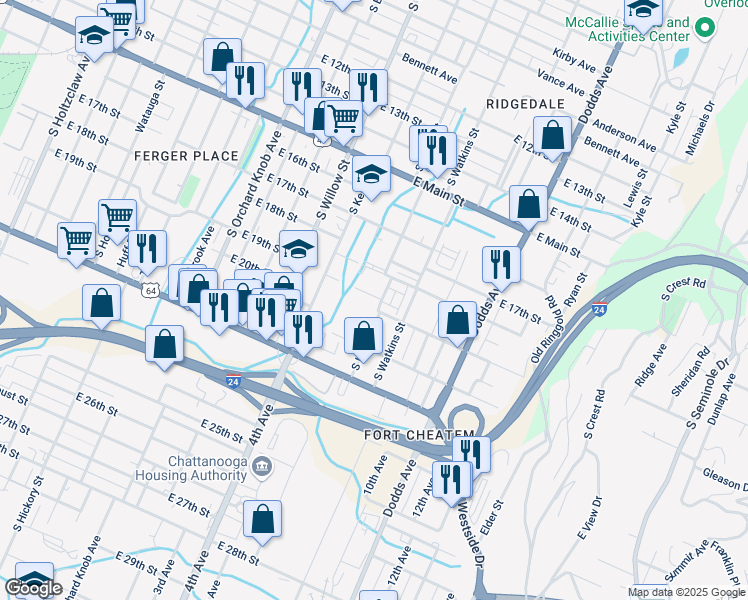 map of restaurants, bars, coffee shops, grocery stores, and more near 2223 East 19th Street in Chattanooga