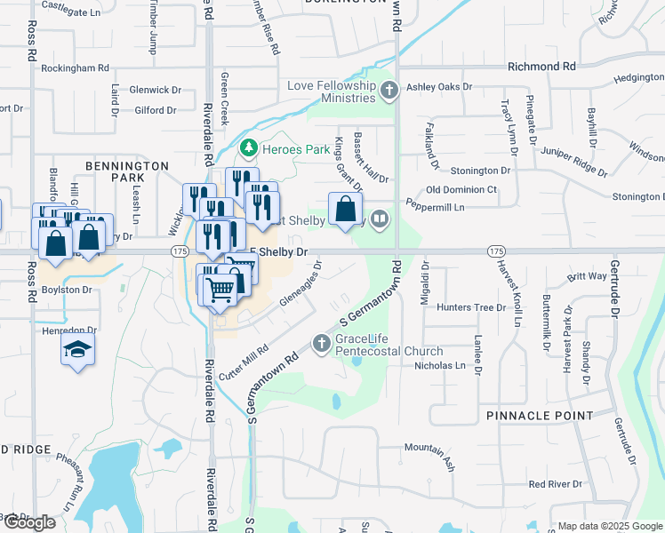 map of restaurants, bars, coffee shops, grocery stores, and more near 7122 East Shelby Drive in Memphis