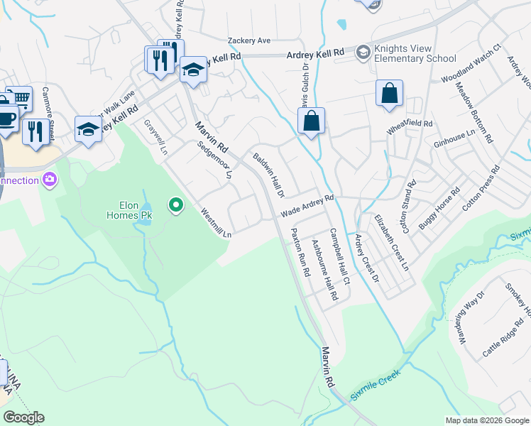map of restaurants, bars, coffee shops, grocery stores, and more near 17528 Westmill Lane in Charlotte