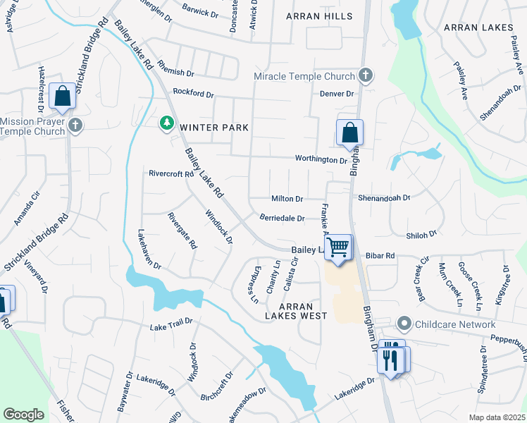 map of restaurants, bars, coffee shops, grocery stores, and more near 1835 Berriedale Drive in Fayetteville