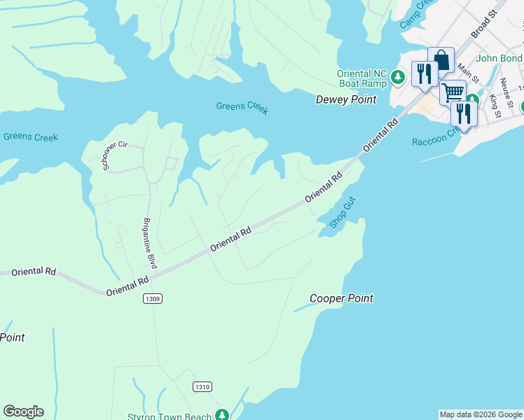 map of restaurants, bars, coffee shops, grocery stores, and more near 7000-7098 Fairwinds Drive in Oriental