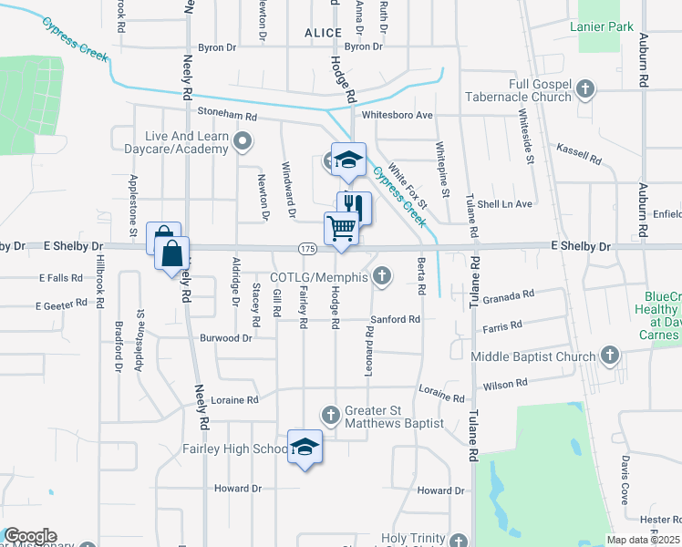 map of restaurants, bars, coffee shops, grocery stores, and more near 443 East Shelby Drive in Memphis
