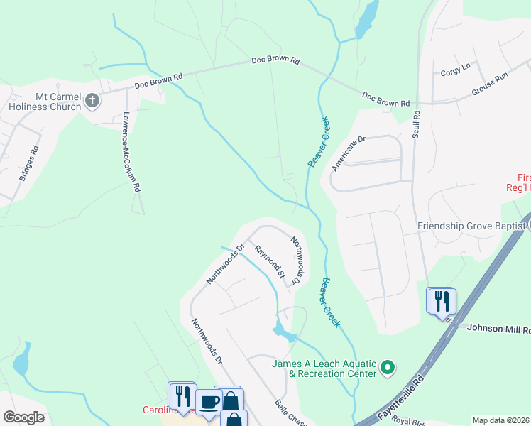 map of restaurants, bars, coffee shops, grocery stores, and more near 489 Northwoods Drive in Raeford