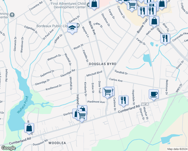 map of restaurants, bars, coffee shops, grocery stores, and more near 2201 Enloe Street in Fayetteville