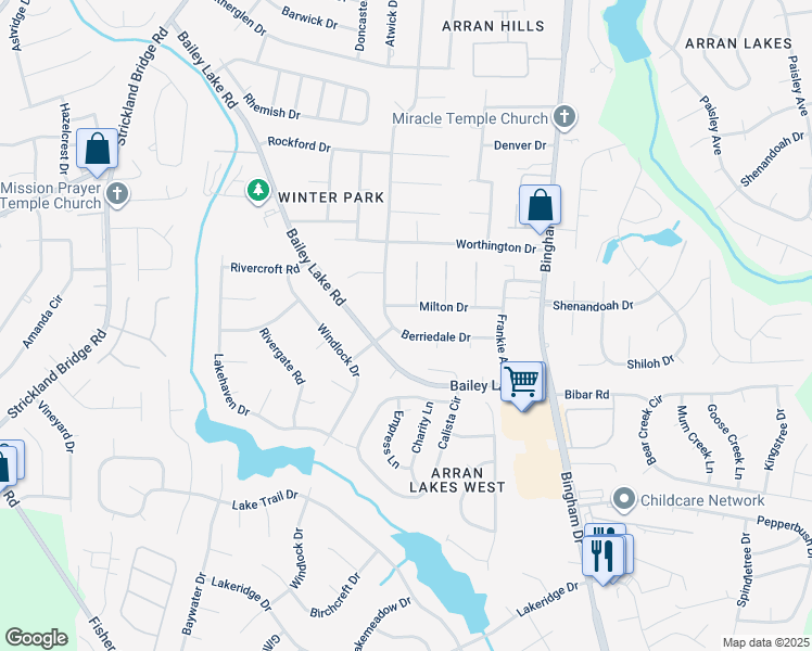 map of restaurants, bars, coffee shops, grocery stores, and more near 1835 Berriedale Drive in Fayetteville