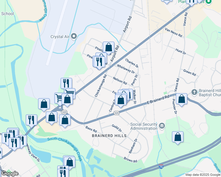 map of restaurants, bars, coffee shops, grocery stores, and more near 301 Laverne Drive in Chattanooga