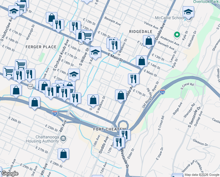 map of restaurants, bars, coffee shops, grocery stores, and more near 2437 East 17th Street in Chattanooga