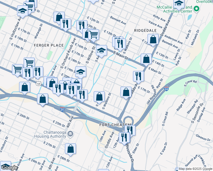 map of restaurants, bars, coffee shops, grocery stores, and more near 2335 East 18th Street in Chattanooga