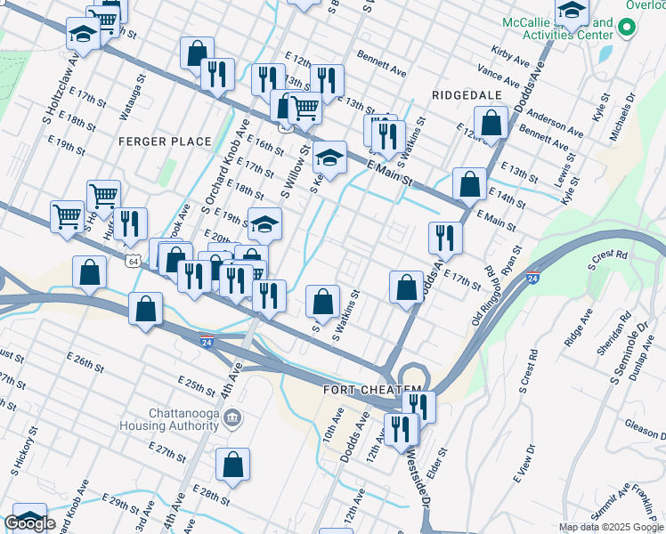 map of restaurants, bars, coffee shops, grocery stores, and more near 2223 East 19th Street in Chattanooga