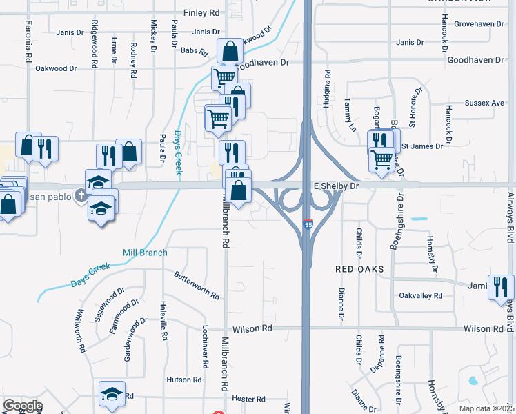 map of restaurants, bars, coffee shops, grocery stores, and more near 4684 Millbranch Road in Memphis