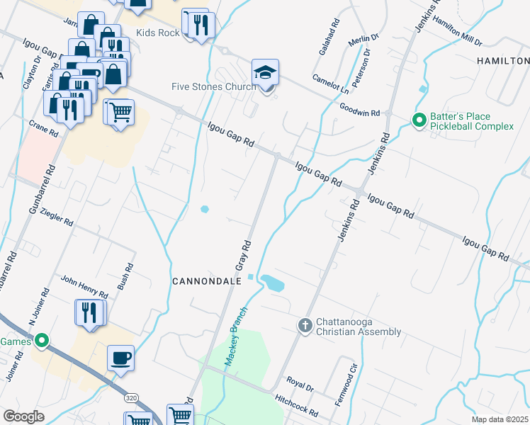 map of restaurants, bars, coffee shops, grocery stores, and more near 1810 Gray Road in Chattanooga