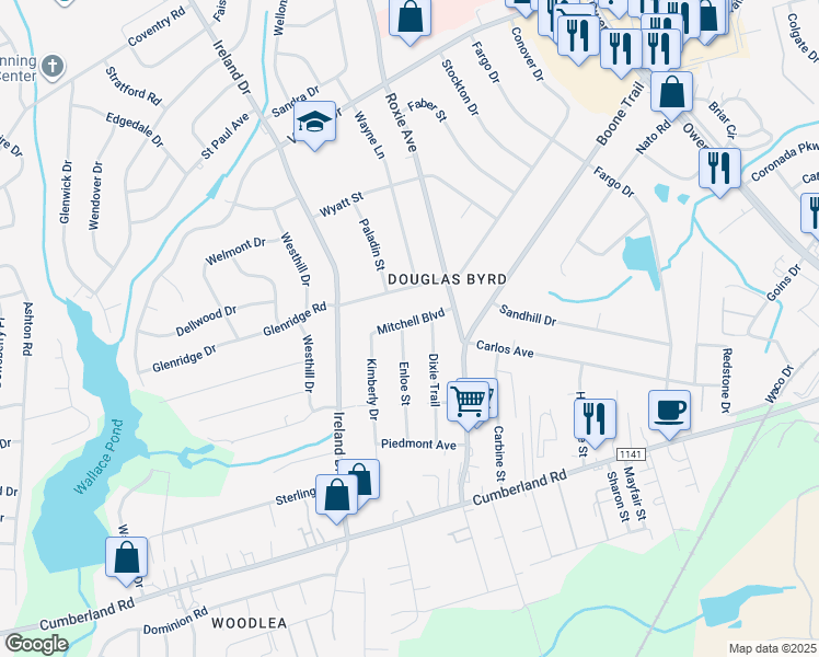 map of restaurants, bars, coffee shops, grocery stores, and more near 2201 Enloe Street in Fayetteville
