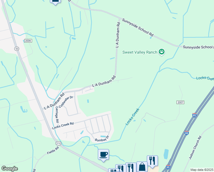 map of restaurants, bars, coffee shops, grocery stores, and more near 2430 L a Dunham Road in Fayetteville
