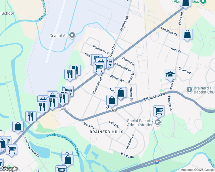 map of restaurants, bars, coffee shops, grocery stores, and more near 301 Laverne Drive in Chattanooga