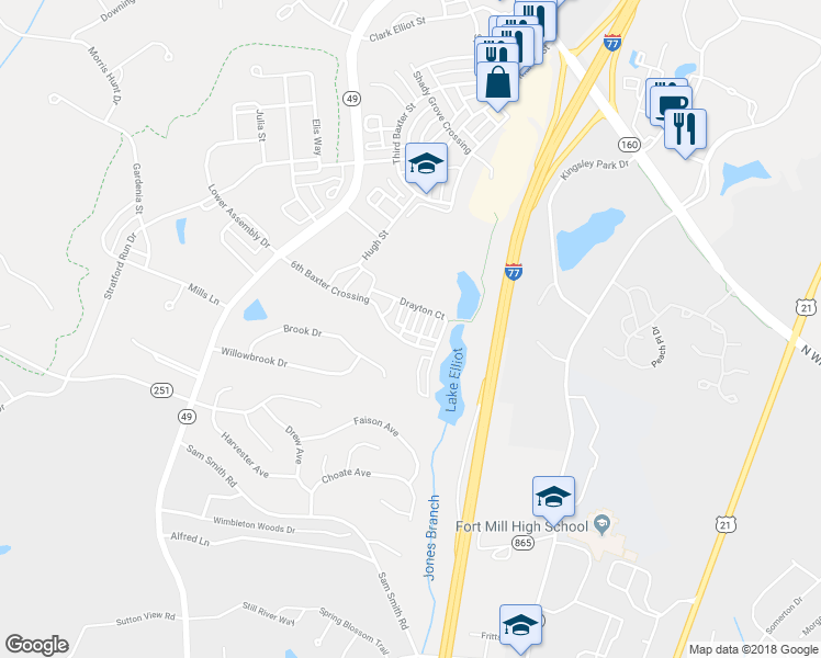 map of restaurants, bars, coffee shops, grocery stores, and more near 806 Granby Drive in Fort Mill