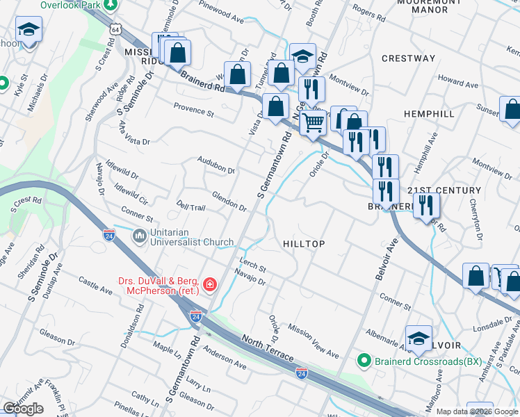 map of restaurants, bars, coffee shops, grocery stores, and more near 100 South Germantown Road in Chattanooga