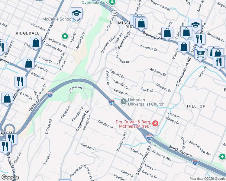 map of restaurants, bars, coffee shops, grocery stores, and more near 3207 Conner Street in Chattanooga