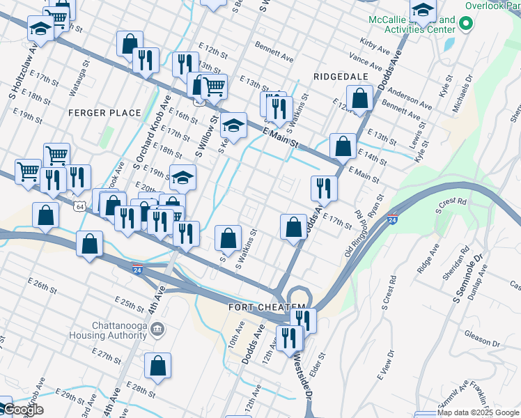 map of restaurants, bars, coffee shops, grocery stores, and more near 2335 East 18th Street in Chattanooga