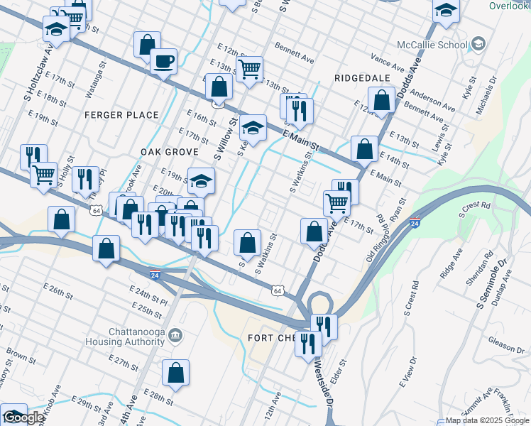 map of restaurants, bars, coffee shops, grocery stores, and more near 2335 East 18th Street in Chattanooga