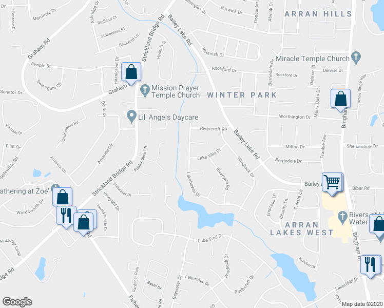 map of restaurants, bars, coffee shops, grocery stores, and more near 5836 Lake Villa Drive in Fayetteville