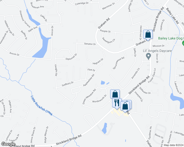 map of restaurants, bars, coffee shops, grocery stores, and more near 6434 Applewhite Road in Fayetteville