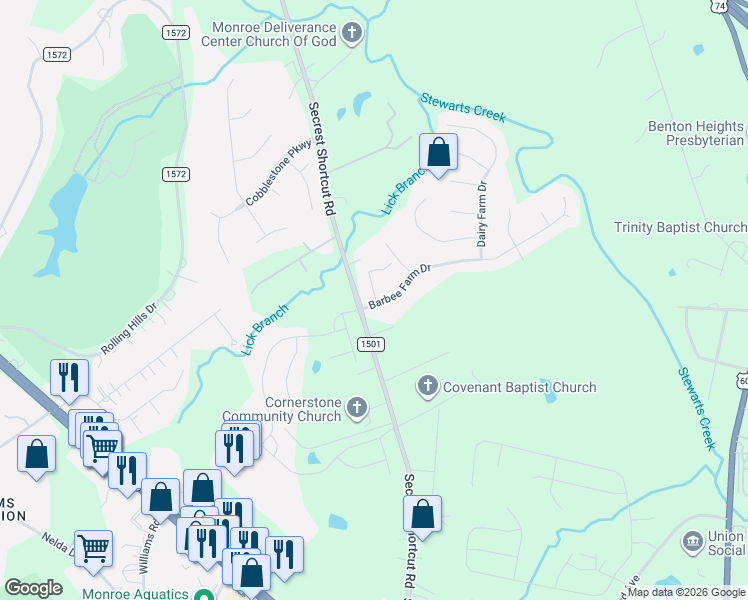 map of restaurants, bars, coffee shops, grocery stores, and more near 2909 Barbee Court in Monroe